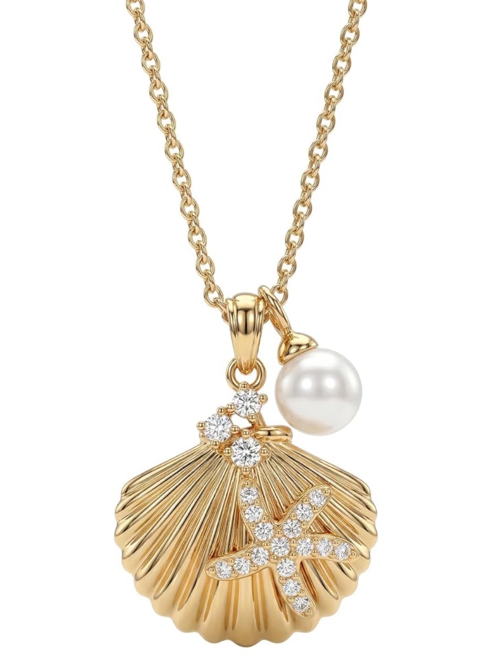 Anthropologie Gold Shell Pendant Necklace with Pearl & Crystal Starfish - Picture 6 of 6